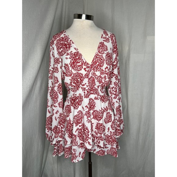 Dress Size Large Mini A Long Balloon Sleeves Runched Wrists Chiffon Long Deep V - Picture 10 of 16